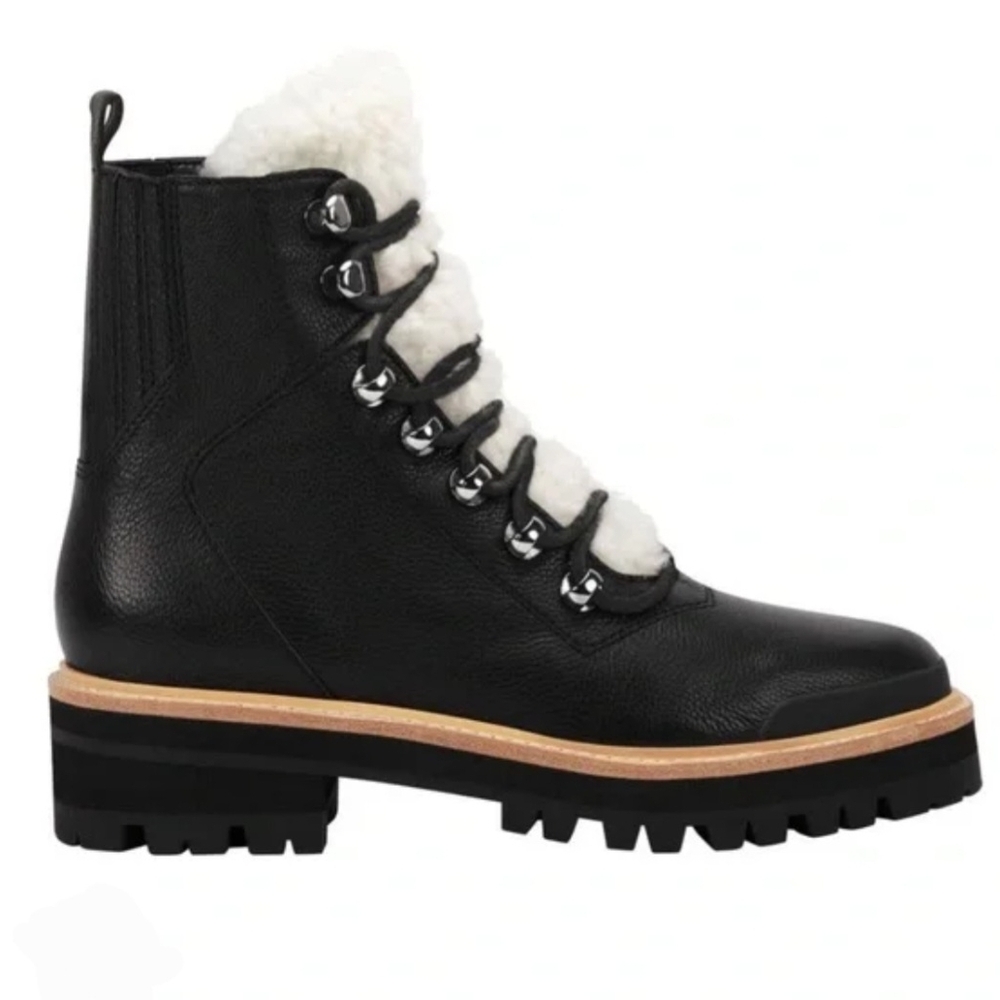 Marc Fisher Black Leather Boots with Shearling and Brown Accents - Picture 2 of 3